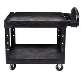 Rubbermaid Heavy Duty Black Utility Cart with ergonomic handle, lipped shelves, and 5" swivel casters, supports 226 kgs.