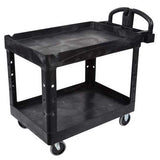 Rubbermaid Heavy Duty Black Utility Cart showcasing a durable design, ergonomic handle, and lipped shelves for secure transport.