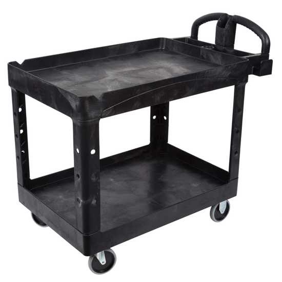Rubbermaid Heavy Duty Black Utility Cart showcasing a durable design, ergonomic handle, and lipped shelves for secure transport.