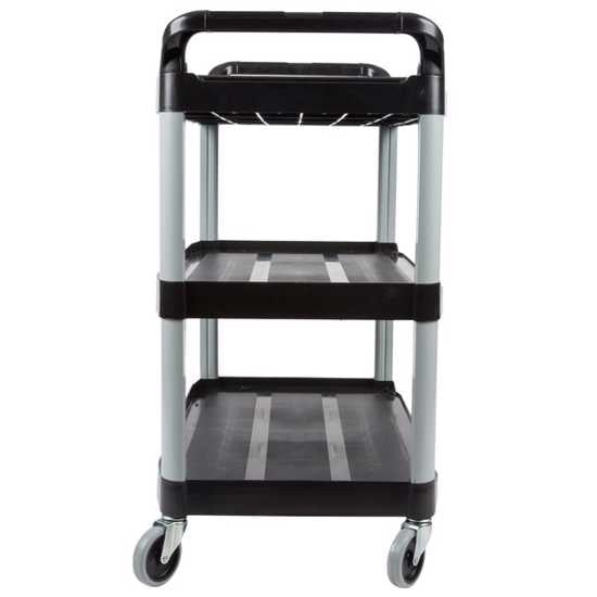 Rubbermaid 3 Tier Black Utility Cart with open sides, durable shelves, easy grip handles, and 4" swivel casters for mobility.