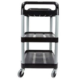 Rubbermaid 3 Tier Black Utility Cart with open sides, durable shelves, easy grip handles, and 4" swivel casters for mobility.