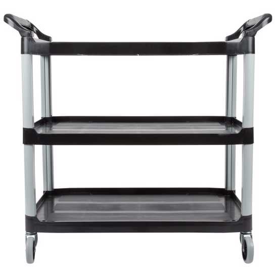 Rubbermaid 3-tier black utility cart featuring open sides, durable design, and 4" swivel casters for easy transport and organization.