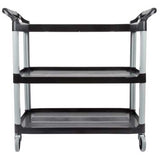 Rubbermaid 3-tier black utility cart featuring open sides, durable design, and 4" swivel casters for easy transport and organization.