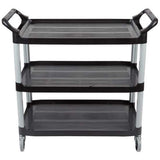 Rubbermaid 3 Tier Black Open Sided Utility Cart with durable shelves and swivel casters for easy transport and organization.