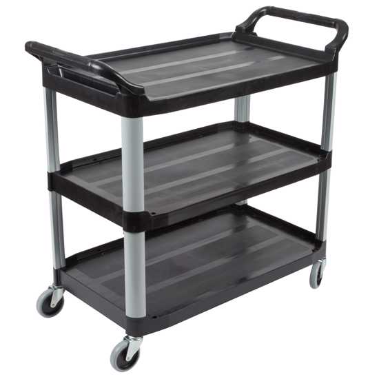 Rubbermaid 3 Tier Black Utility Cart with open sides, durable shelves, and swivel casters for easy transport and organization.