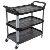 Rubbermaid 3 Tier Black Utility Cart with open sides, durable shelves, and swivel casters for easy transport and organization.