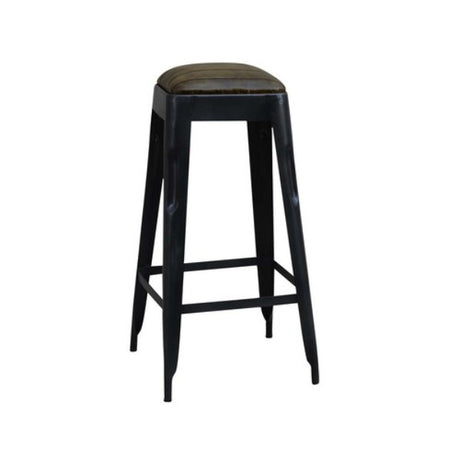 Industrial leather barstool with metal frame, 76cm high, combines vintage style with modern durability for dining or office use.