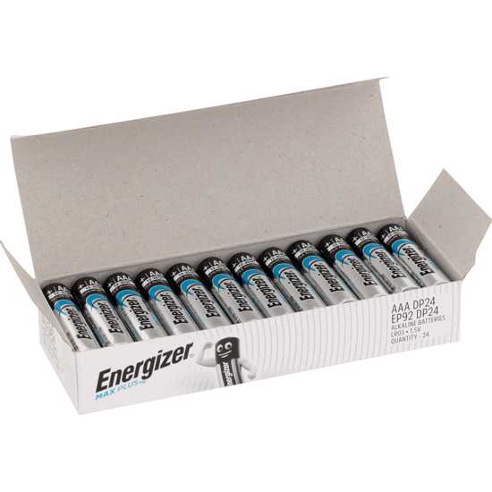 Energizer Max Plus Industrial AAA 24-pack batteries for high-drain devices, offering up to 60% longer-lasting power.