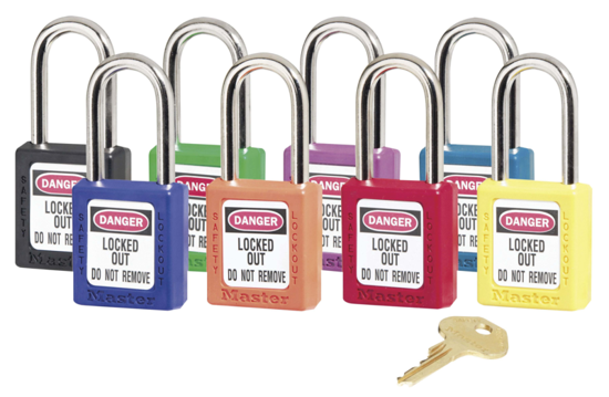 Durable 38mm Master Lock safety padlocks in a 2-pack, designed for secure lockout/tagout with vibrant color options.