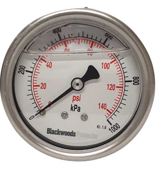 63mm stainless steel pressure gauge with dual scale 0-1000 kPa, ideal for industrial applications and heavy-duty service.