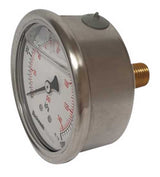 63mm stainless steel pressure gauge with dual scale, glycerine-filled, designed for heavy-duty industrial and irrigation use.