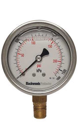 Stainless steel 63mm pressure gauge measuring 0-1600 kPa, designed for durability and accuracy in harsh environments.