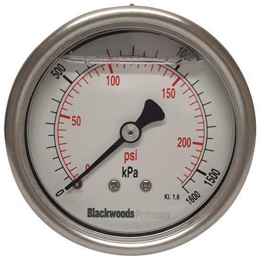 Durable 63mm stainless steel pressure gauge with rear 1/4" BSP connection, 0-1600 kPa range, designed for industrial use.