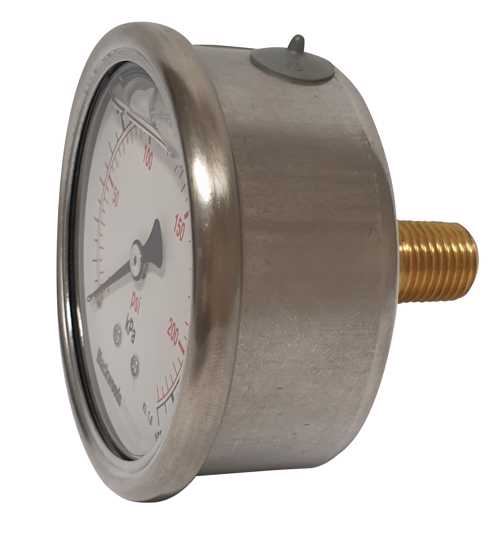 Stainless steel pressure gauge 0-1600 kPa with glycerine filling, rear 1/4" BSP connection, and durable plexiglass window.