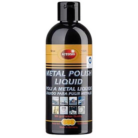 Autosol Liquid Metal Polish 250ml bottle, designed for restoring and enhancing metal surfaces with a brilliant, protective finish.