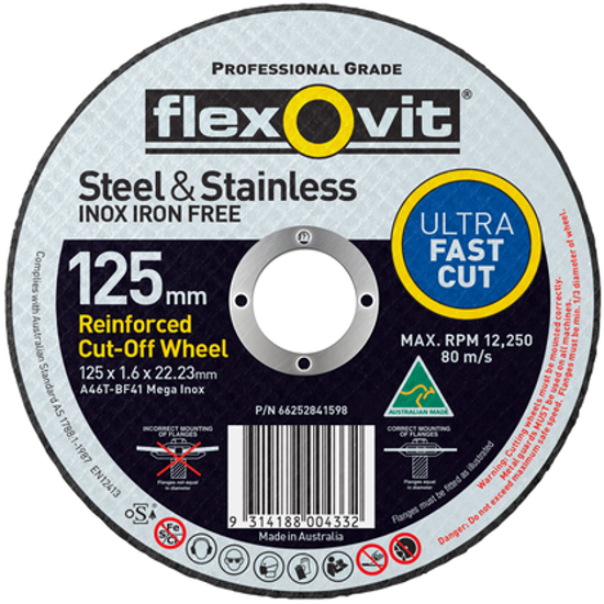 Ultra-thin 125mm cut-off disc from Mega Inox for clean, burr-free cutting of stainless and alloy steels.