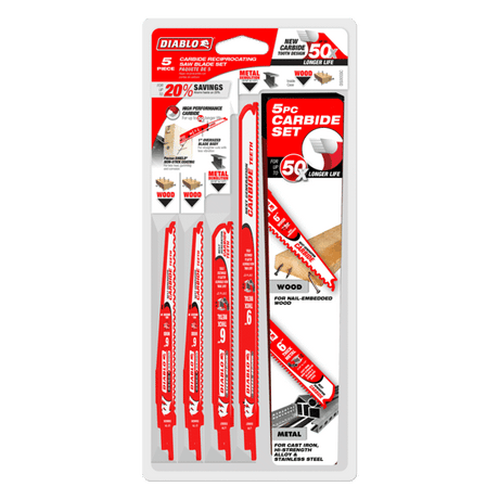 5-piece Diablo Carbide Recip Blade Set for wood and metal, featuring long-lasting Demo and Steel Demon blades for heavy-duty cutting.