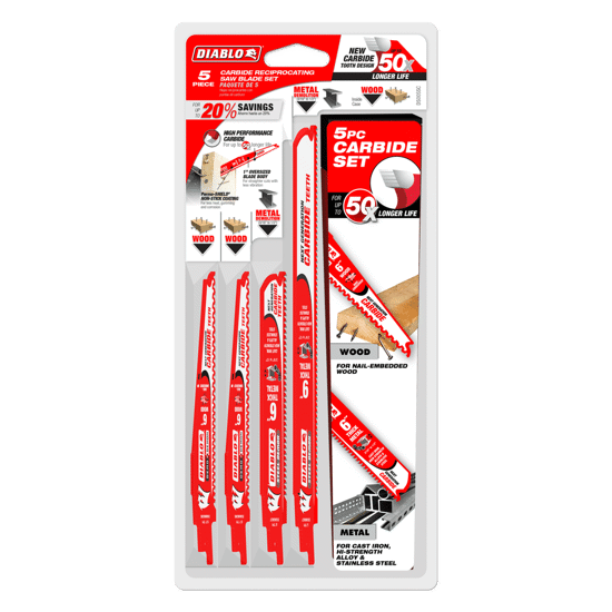 5-piece Diablo Carbide Recip Blade Set for wood and metal, featuring long-lasting Demo and Steel Demon blades for heavy-duty cutting.