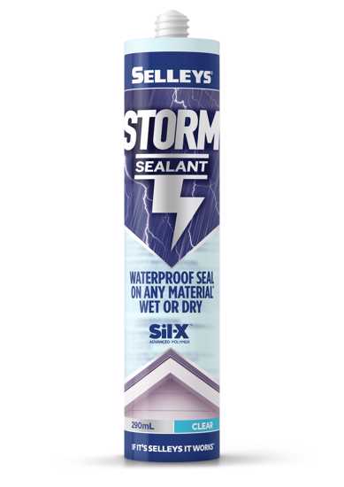 Selleys Sealant Storm Clear tube for waterproof sealing on wet or dry surfaces, ideal for indoor and outdoor repairs.