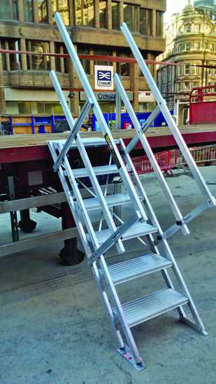 Adjustable 3-step safety stair with self-leveling treads, folds flat for storage, ideal for secure access between heights.
