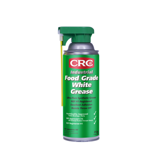 Aerosol can of CRC 3038 Food Grade White Grease, showcasing high purity synthetic grease for heavy-duty, safe food contact lubrication.