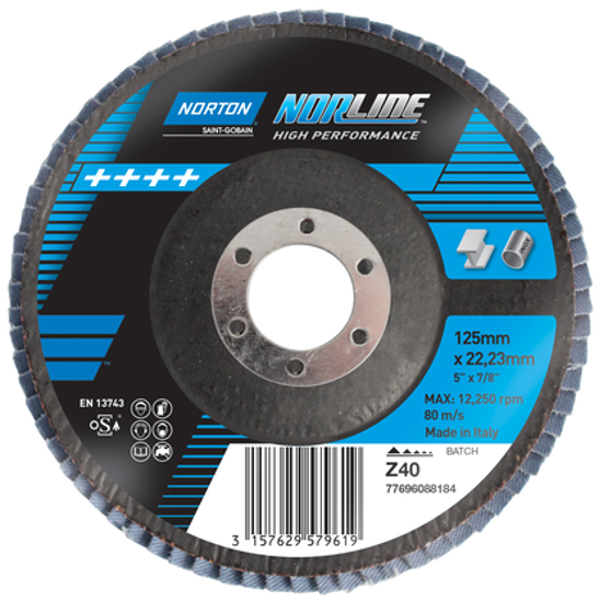 125 x 22mm Norline flap disc with Zirconia grain for efficient grinding and finishing on various materials.