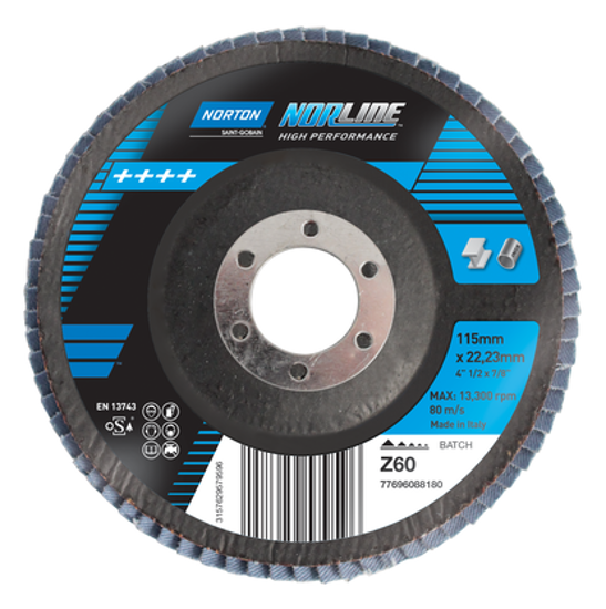 115 x 22mm Norline flap disc for efficient grinding and finishing on various materials, featuring durable zirconia grain.