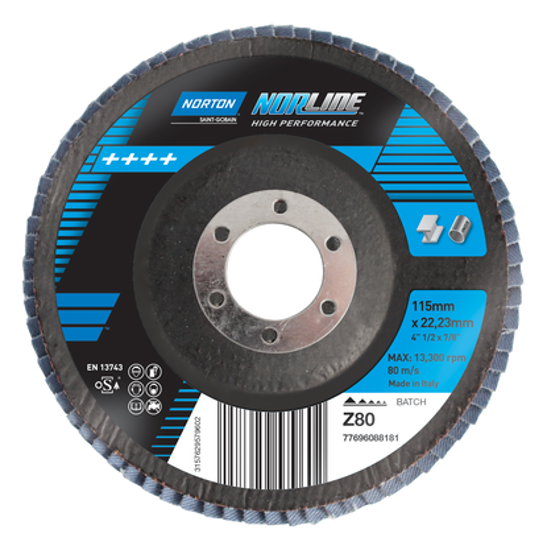 115 x 22mm Zirconia flap disc for grinding, finishing, and rust removal on various materials, with 13,300 RPM max speed.