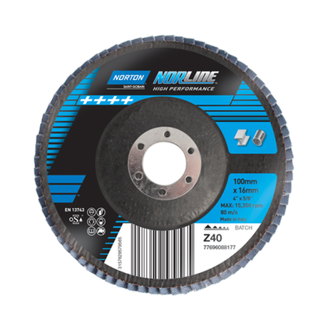 100mm Norline flap disc featuring zirconia grain for medium grinding, surface prep, and rust removal on various materials.