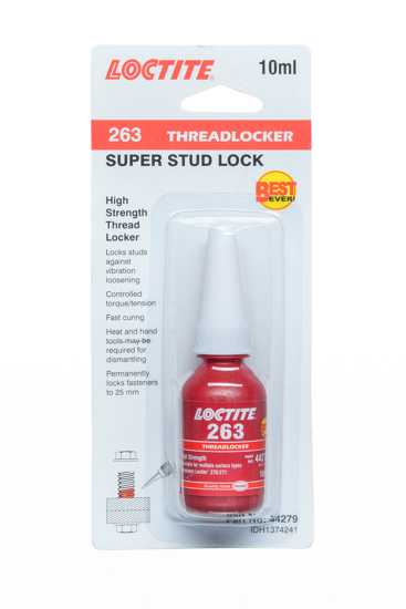 High-strength red liquid LOCTITE 263 threadlocker for permanent locking, sealing, and preventing fastener loosening.