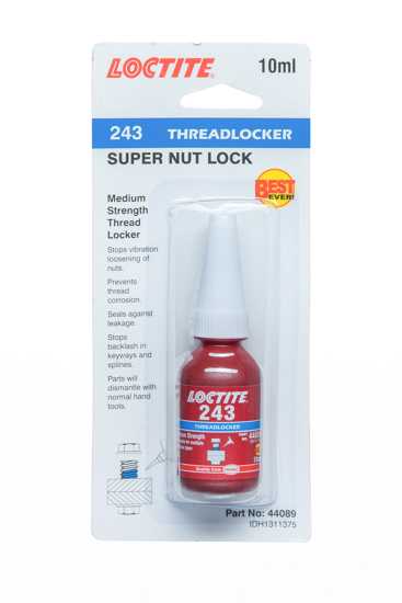 LOCTITE 243 Threadlocker 10ml, blue liquid that prevents bolt loosening due to vibration on various metals.