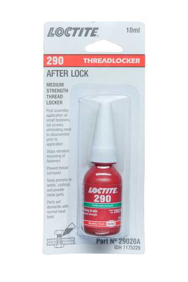 LOCTITE 290 Threadlocker - 10ml, green liquid for locking metal fasteners, effective in high-vibration applications.