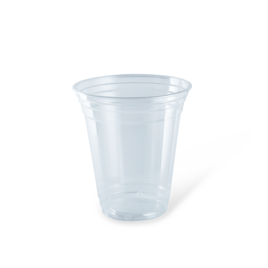 Clear PET cold cup, 12oz, 50-pack, ideal for eco-friendly serving of slushies, shakes, and cocktails with matching lids.