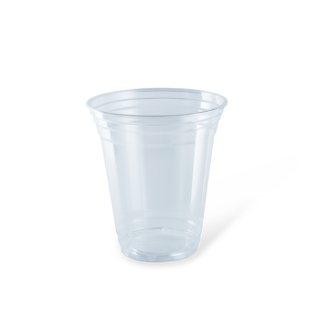 Clear PET cold cup, 12oz, 50-pack, ideal for eco-friendly serving of slushies, shakes, and cocktails with matching lids.