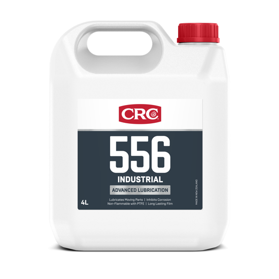 CRC 5-56 Industrial 4L bottle, a versatile lubricant with PTFE for rust removal, moisture displacement, and enhanced machinery maintenance.