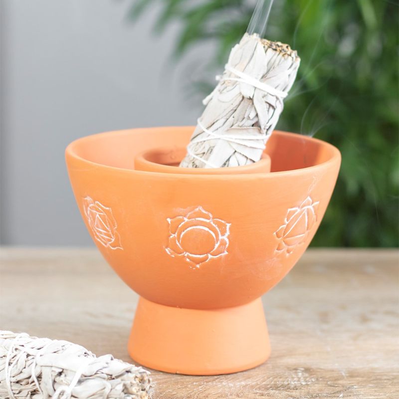 Chakra Natural Terracotta Smudge Bowl with white design, ideal for burning herbs or sage for spiritual cleansing rituals.