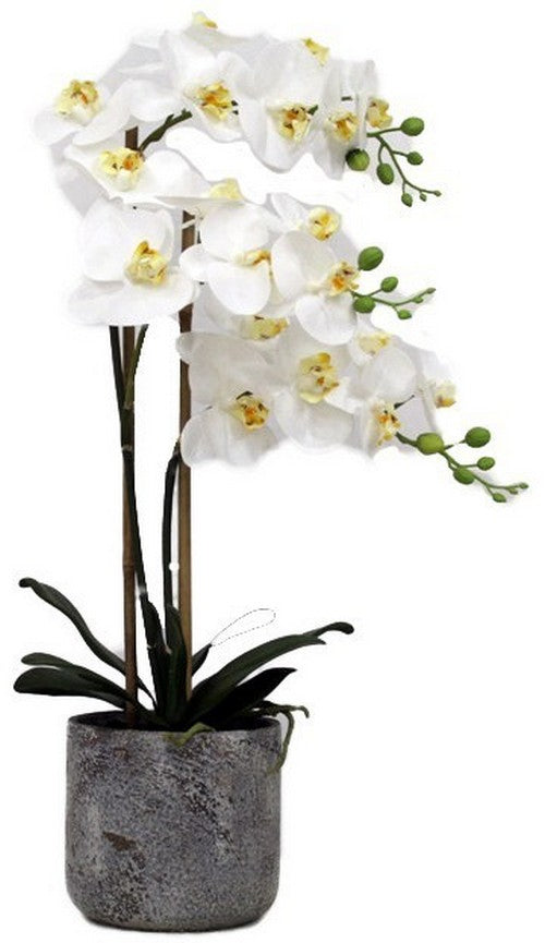 Lifelike 63.5cm artificial white orchid in a stylish stone pot, perfect for elegant home or office decor.