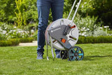 Durable Gardena CleverRoll M Metal Hose Trolley with ergonomic crank, foldable foot, and anti-drip device for efficient hose management.
