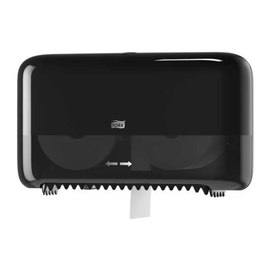 Tork T7 Coreless Toilet Roll Dispenser in black, designed for hygiene and efficiency in low to medium traffic washrooms.