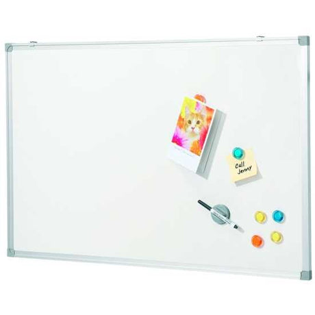 Quartet Economy Whiteboard 600x900mm with magnetic surface, aluminium frame, marker, eraser, and mounting kit included.