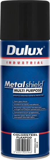 Dulux Multi Purpose Colorsteel Flaxpod paint in 300g, ideal for touch-ups on metal surfaces with rapid dry and semi-gloss finish.