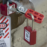 Master Lock 0420 Steel Lockout Hasp with 25mm jaw, holds 6 padlocks for secure lockout/tagout procedures in workplaces.