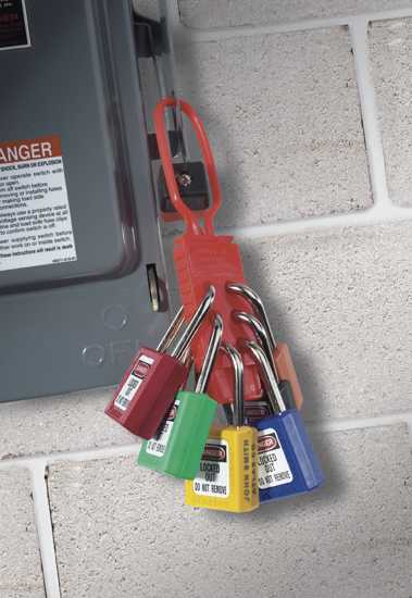 Non-conductive nylon lockout hasp with 25mm x 64mm jaw clearance, holds 6 padlocks for electrical safety.