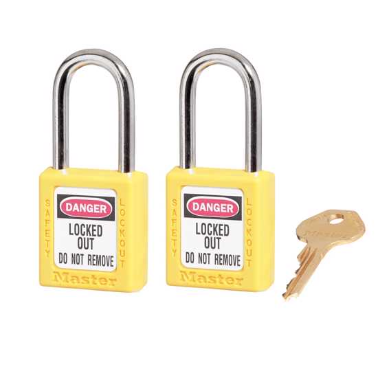 Master Lock 0410 Zenex Safety Lockout Padlock set, 38mm durable thermoplastic padlocks for secure industrial use, keyed alike.