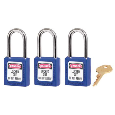 Master Lock 0410 Zenex safety lockout padlocks, 3-pack, featuring color-coded, durable, dielectric design for secure lockout/tagout use.