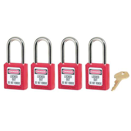 Keyed alike 4-pack of Master Lock 0410 Zenex padlocks, featuring durable design, labels, and customizable engraving for safety compliance.