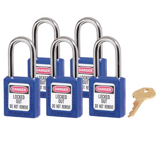 Set of 5 Master Lock 0410 Zenex padlocks with key-retaining, durable design for effective lockout/tagout applications.