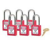 Keyed alike Master Lock 0410 Zenex padlocks in a 6-pack, durable thermoplastic for safety in extreme conditions.