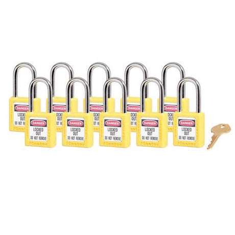 Keyed alike 10-pack of Master Lock Zenex safety padlocks for lockout/tagout, featuring durable thermoplastic and customizable labels.