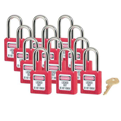 Keyed alike 12-pack Master Lock 0410 Zenex padlocks for safe lockout/tagout, durable thermoplastic, vibrant color options.